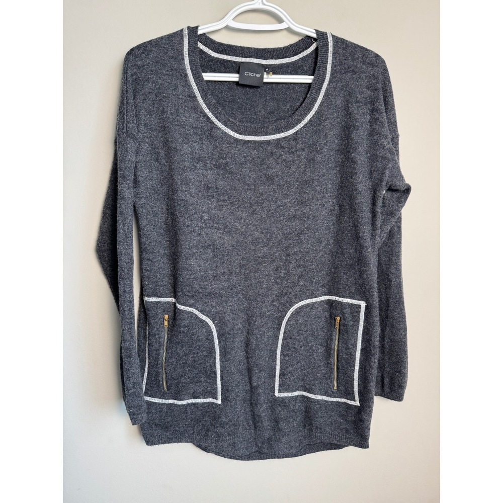 Cliche Sweater Womens Medium Gray Wool Blend Angora Zip Pocket Tunic Minimalist